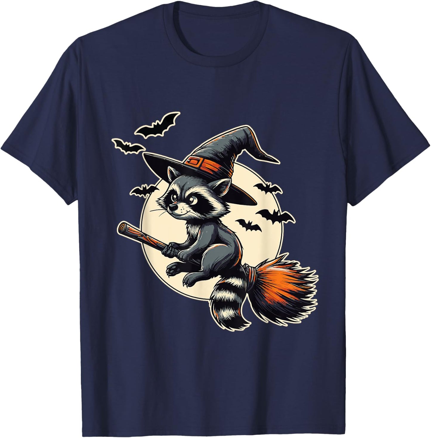 Raccoon Witch on Broom Halloween T-Shirt - T-Shirt | Navy