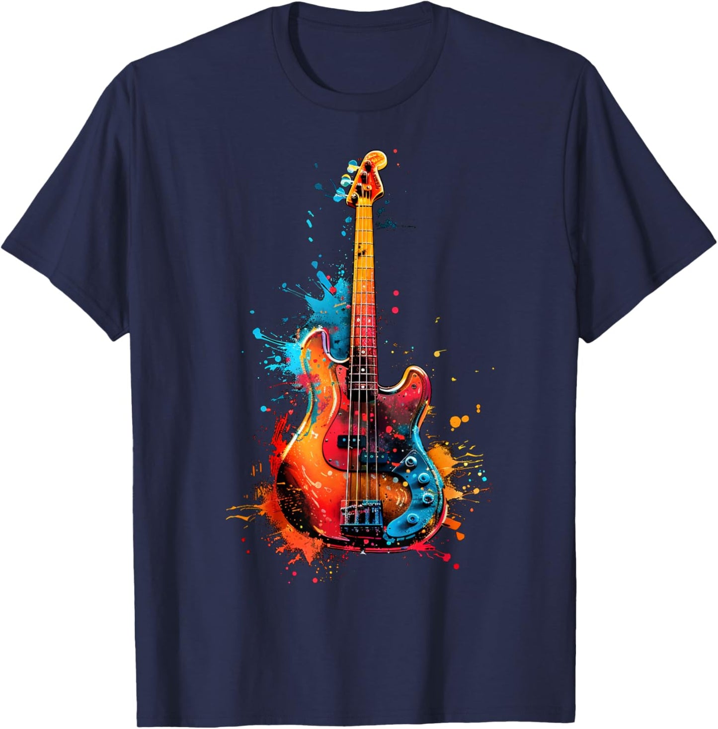 Bass Guitar Instrument on Colorful Painted Bass Guitar T-Shirt - T-Shirt | Navy