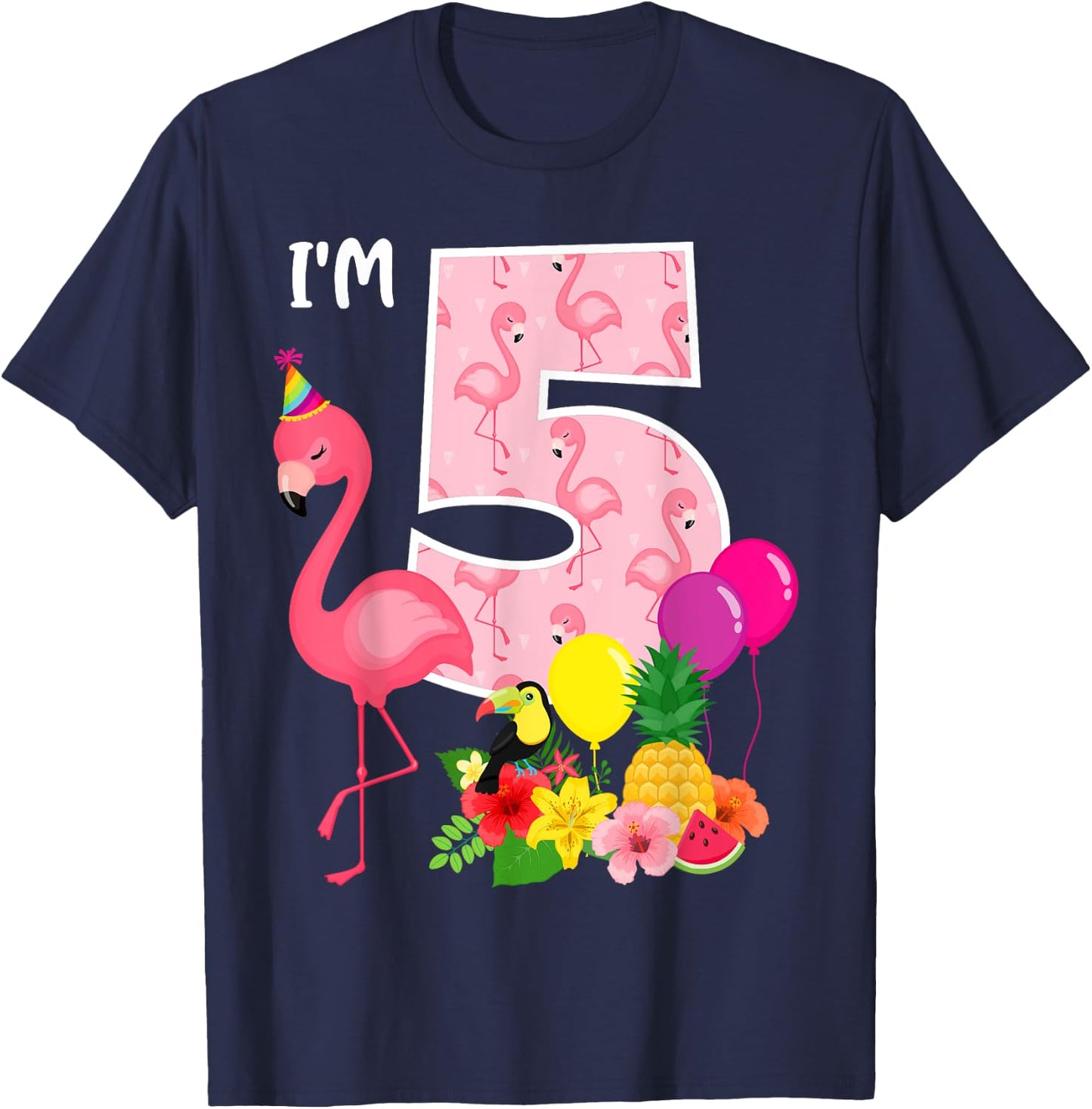 Flamingo Birthday I'm 5 Tropical Flamingo Theme 5th Birthday T-Shirt - T-Shirt | Navy