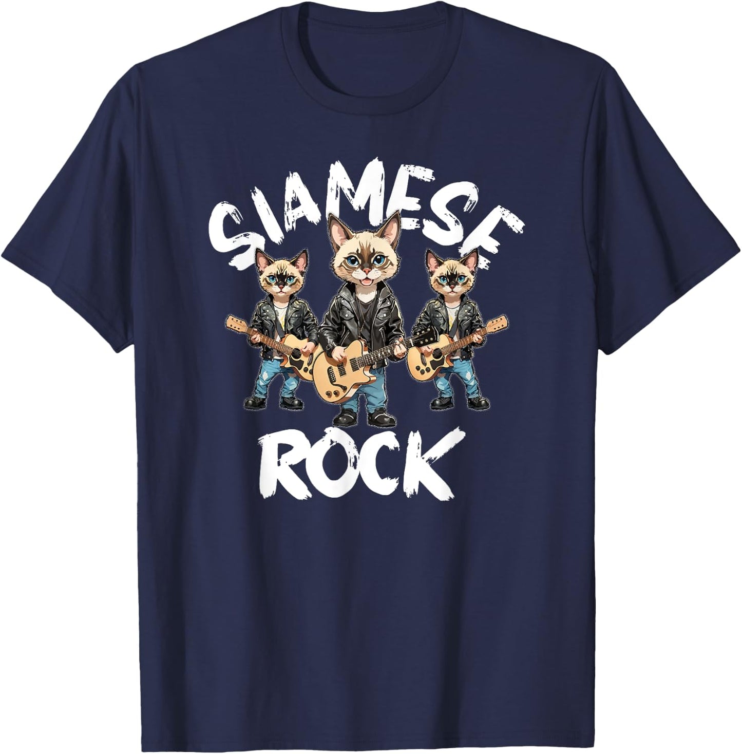 Siamese Cats Rock Cute Cool Furry Cat Trio Playing Guitar Men Women Kids T-Shirt - T-Shirt | Navy
