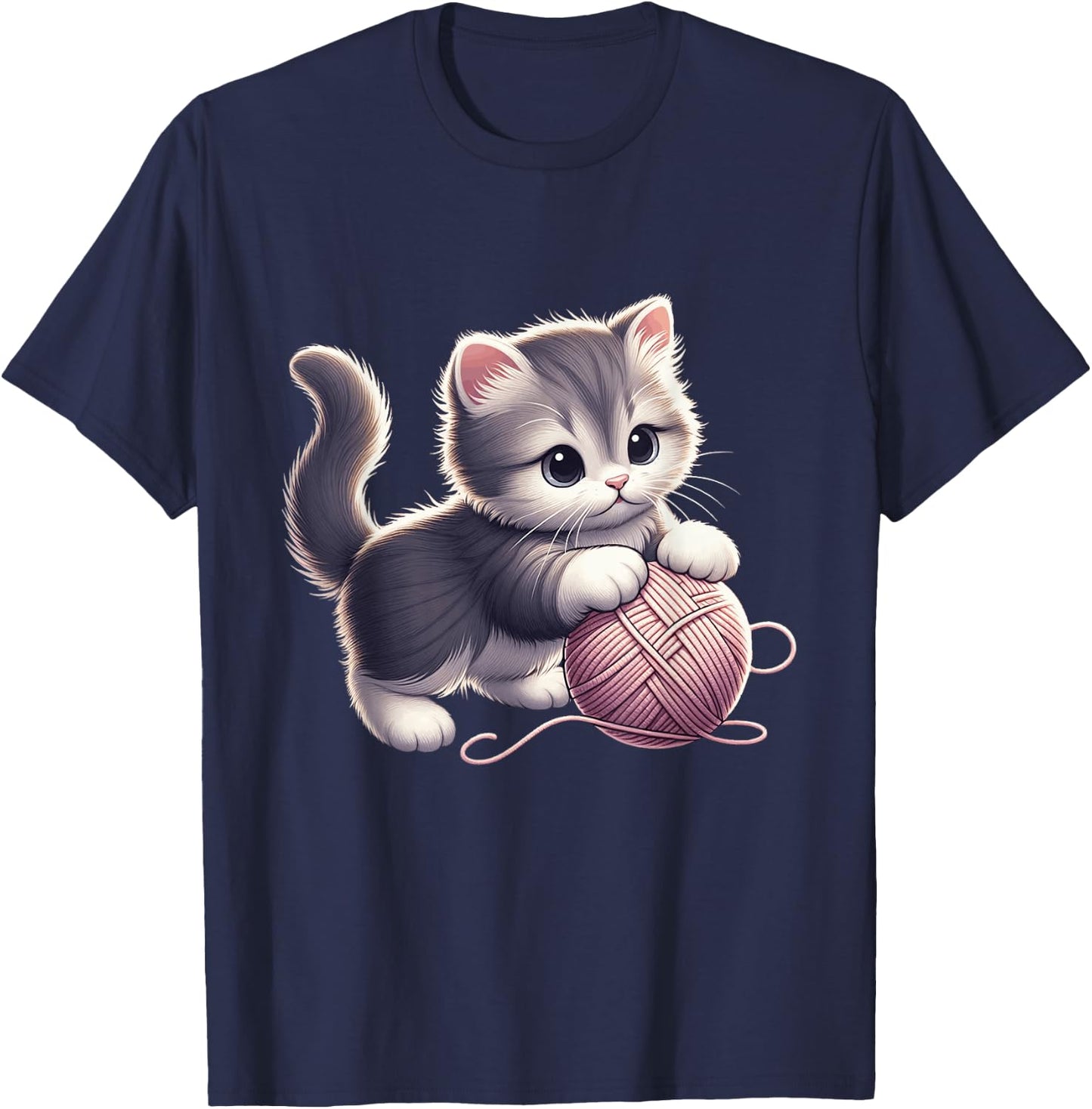 Cute Kitten Cat playing with Wool Ball Adorable Playful T-Shirt - T-Shirt | Navy