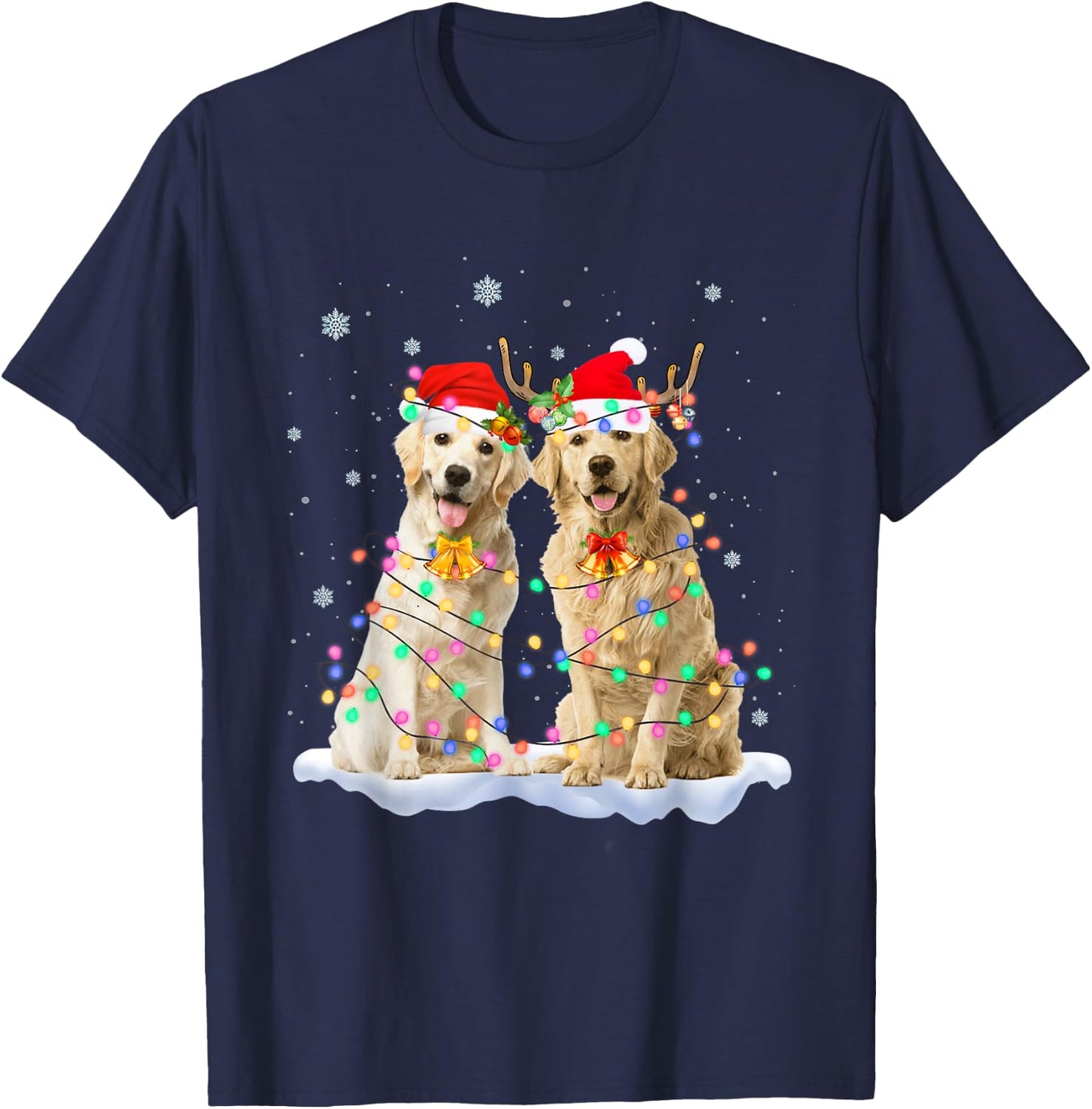 Golden Retriever Christmas Santa Hat Reindeer Lights Pajama T-Shirt - T-Shirt | Navy