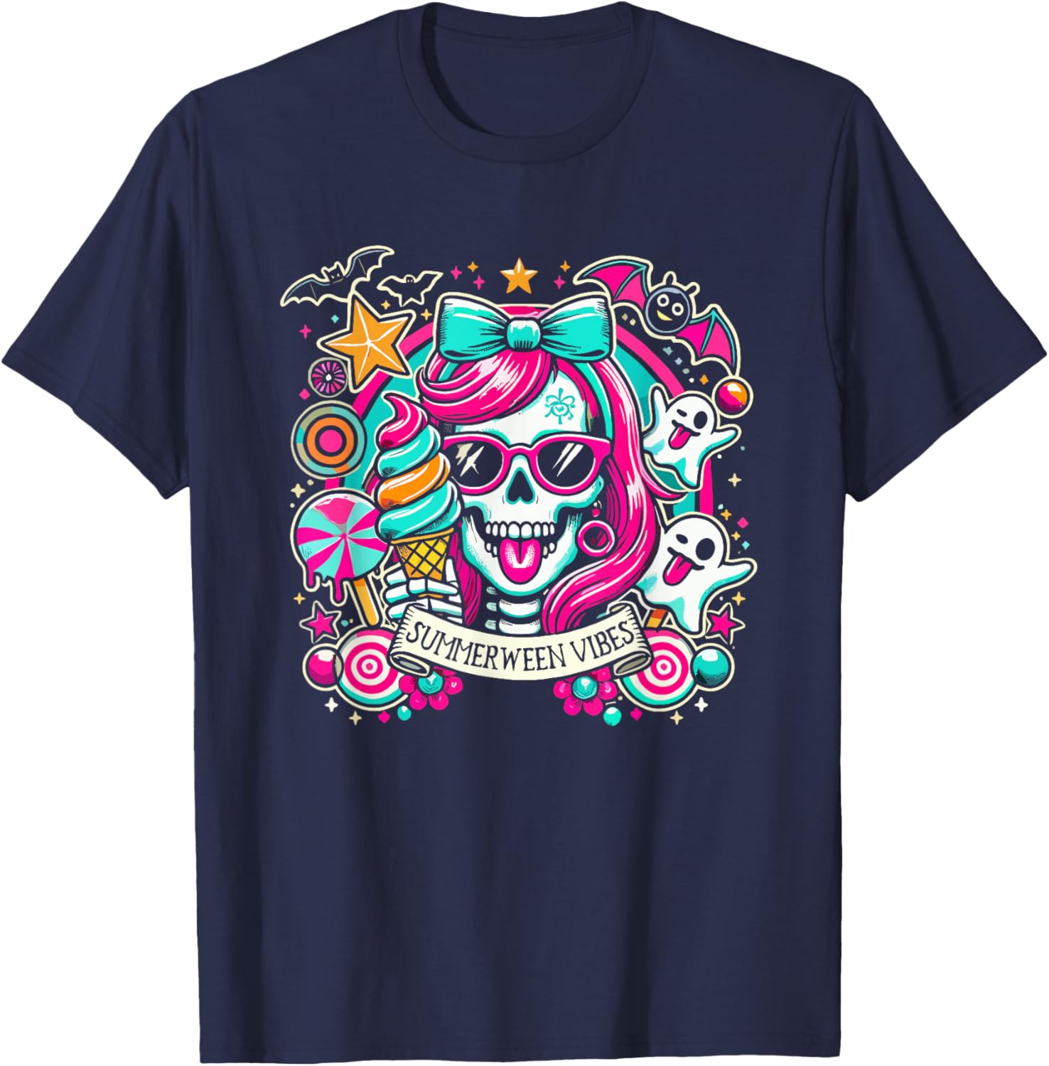 Summerween Vibes Skeleton Spooky Vacation Halloween Summer Women Kids T-Shirt - T-Shirt | Navy