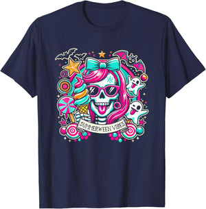Summerween Vibes Skeleton Spooky Vacation Halloween Summer Women Kids T-Shirt - T-Shirt | Navy
