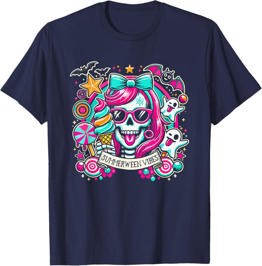 Summerween Vibes Skeleton Spooky Vacation Halloween Summer Women Kids T-Shirt - T-Shirt | Navy