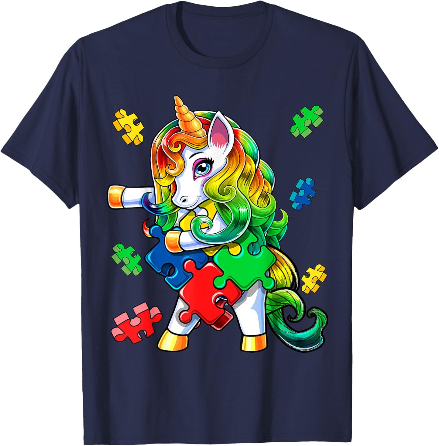 Autism Awareness Flossing Unicorn Puzzle Piece Gift Kids T-Shirt - T-Shirt | Navy