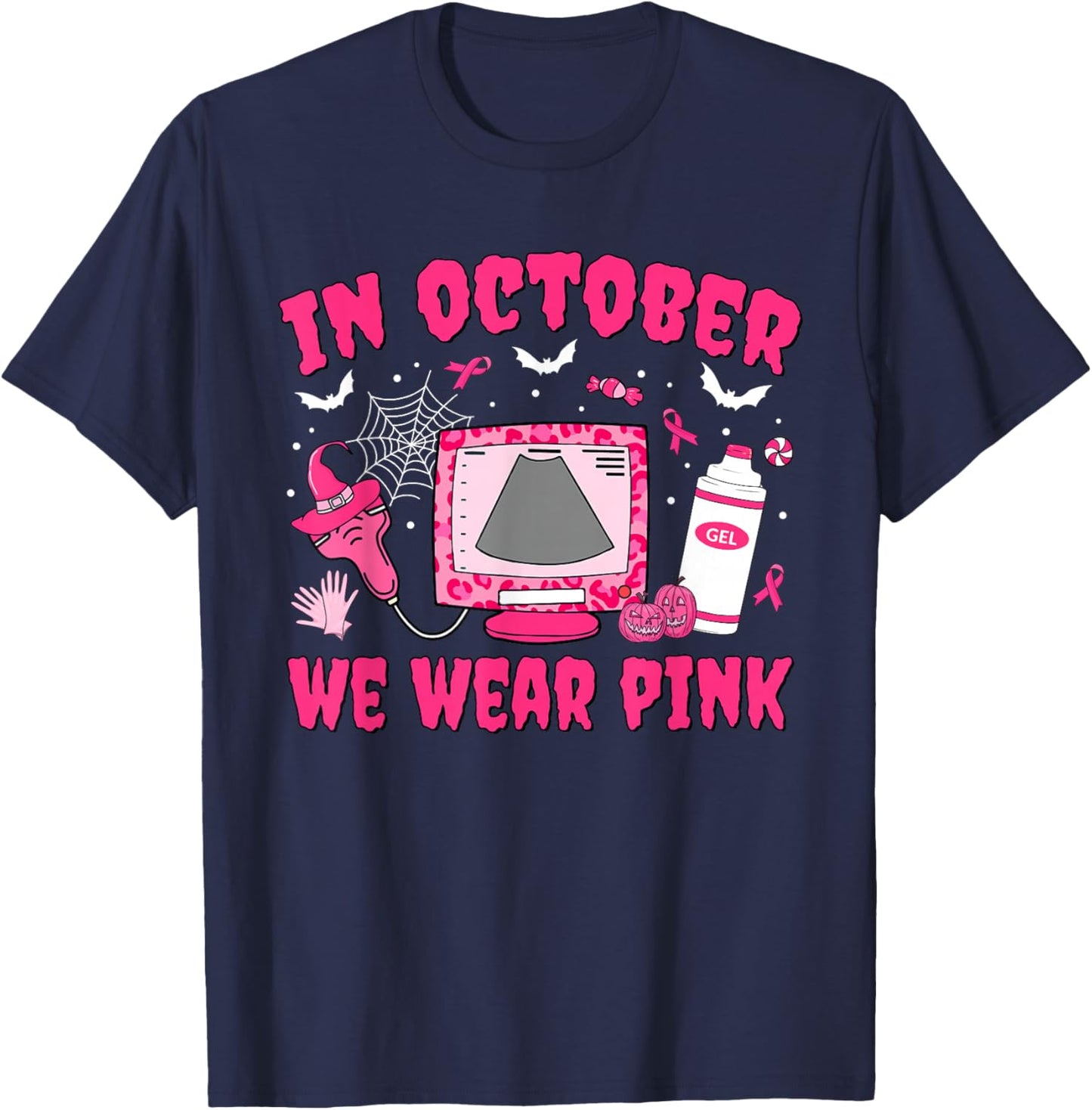 In October We Wear Pink Sonographer Leopard Breast Cancer T-Shirt - T-Shirt | Navy