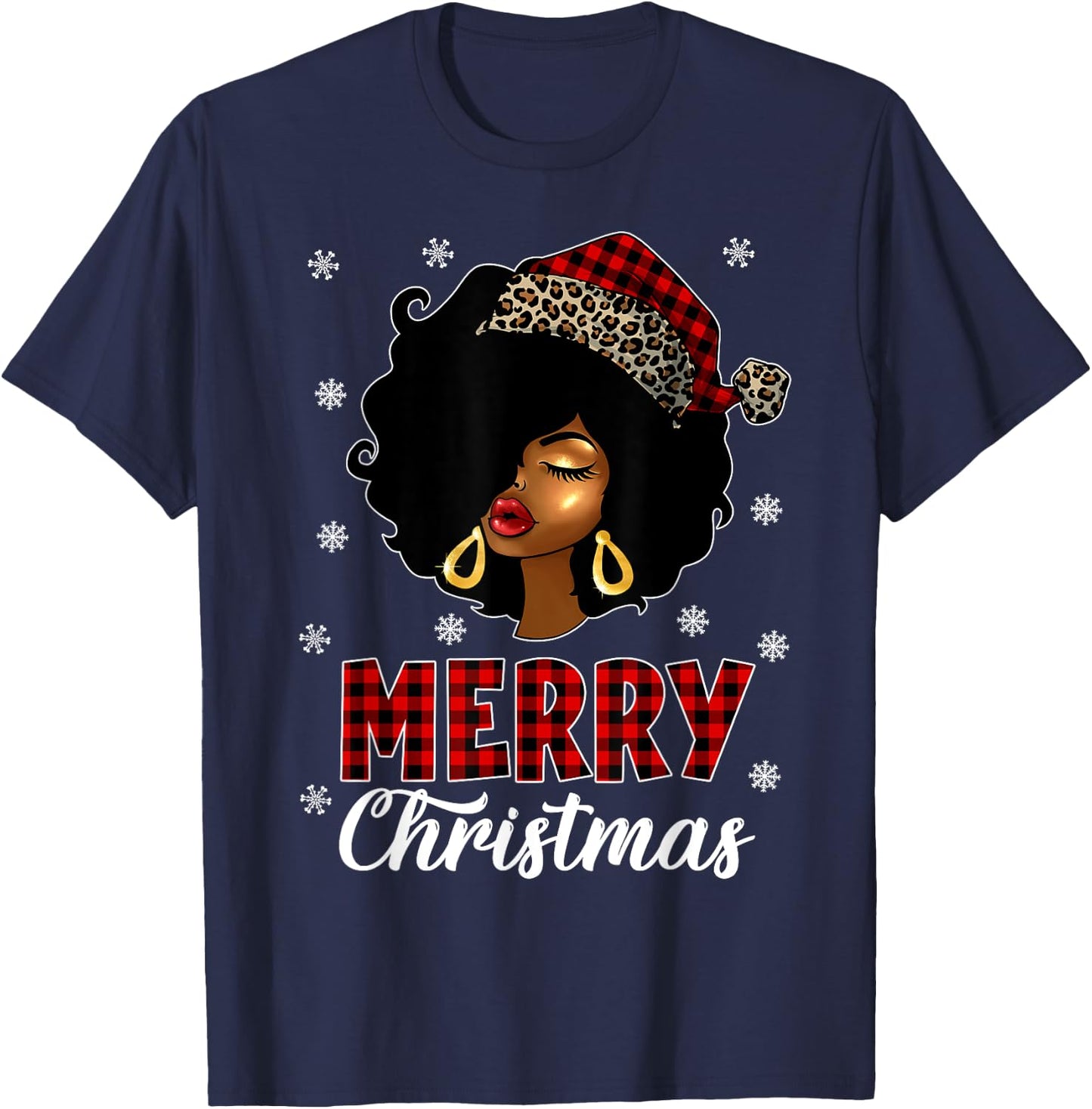 African American Afro Woman Santa Hat Merry Christmas T-Shirt - T-Shirt | Navy