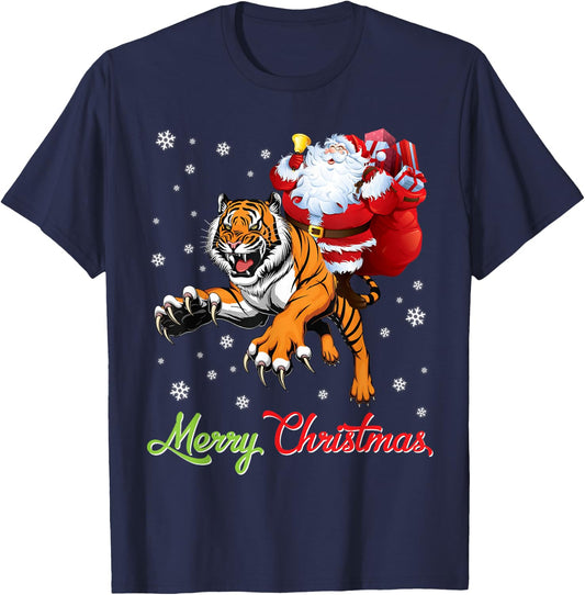 Santa Claus With Xmas Gift Riding Tiger Merry Christmas Day T-Shirt - T-Shirt | Navy