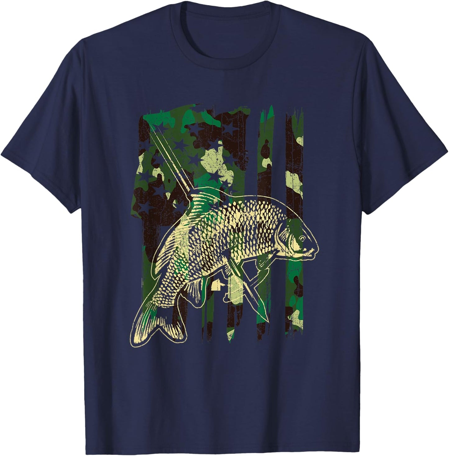 Camo American Flag Bowfishing Gift | Bow Fishing, Bow Fisher T-Shirt - T-Shirt | Navy