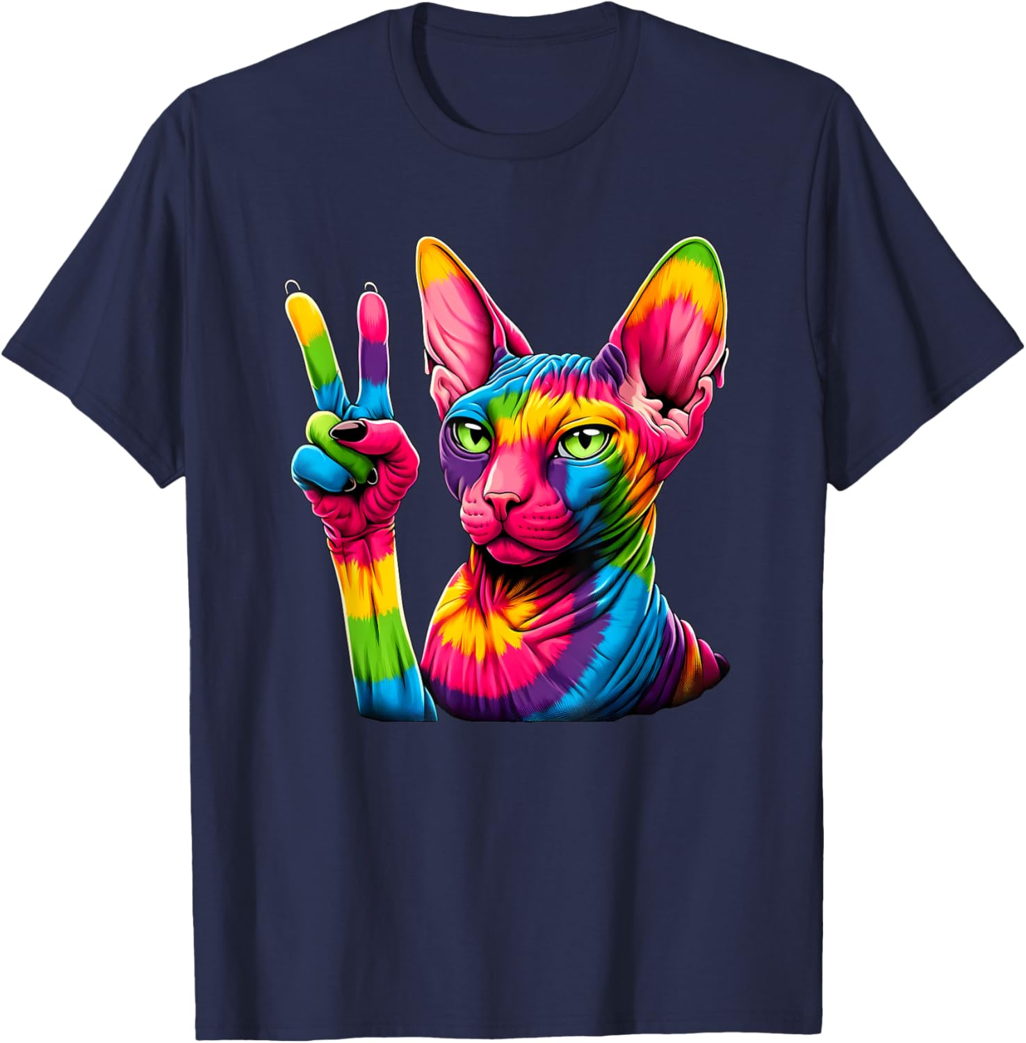 Peace Sign Tie Dye Hairless Sphinx Cat T-Shirt - T-Shirt | Navy