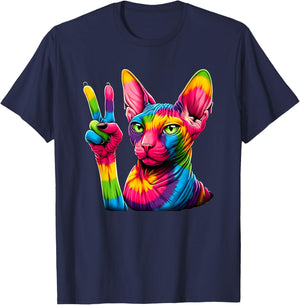 Peace Sign Tie Dye Hairless Sphinx Cat T-Shirt - T-Shirt | Navy