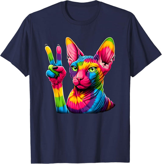 Peace Sign Tie Dye Hairless Sphinx Cat T-Shirt - T-Shirt | Navy