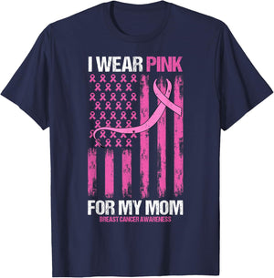 I Wear Pink For My Mom Breast Cancer Awareness American Flag Women Kids Men T-Shirt - T-Shirt | Navy