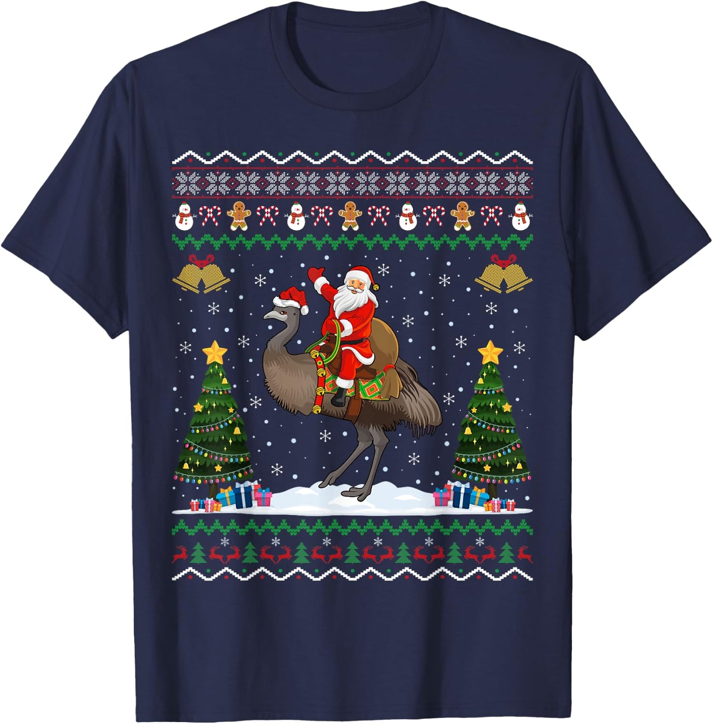 Emu Bird Ugly Xmas Gift Santa Riding Emu Christmas T-Shirt - T-Shirt | Navy