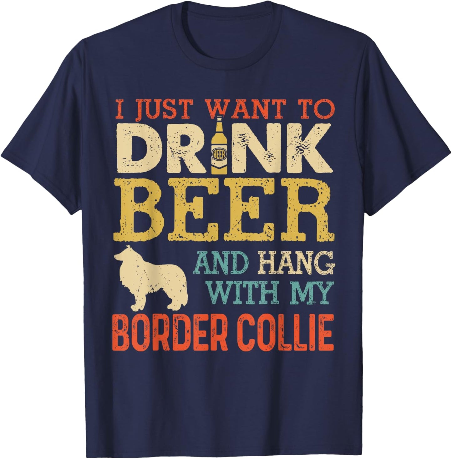 Border Collie Dad Drink Beer Hang With Dog Funny Men Vintage T-Shirt - T-Shirt | Navy