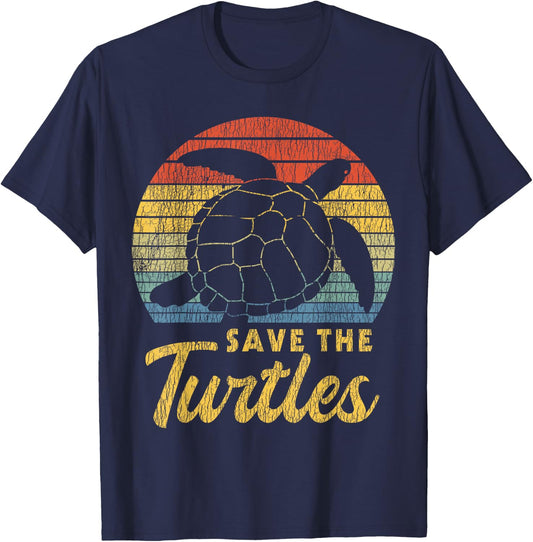 Retro Vintage Save The Turtles Skip The Straw Sea Animal T-Shirt - T-Shirt | Navy