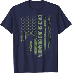 American Camo Flag Proud Dachshund Grandpa Wiener Silhouette T-Shirt - T-Shirt | Navy