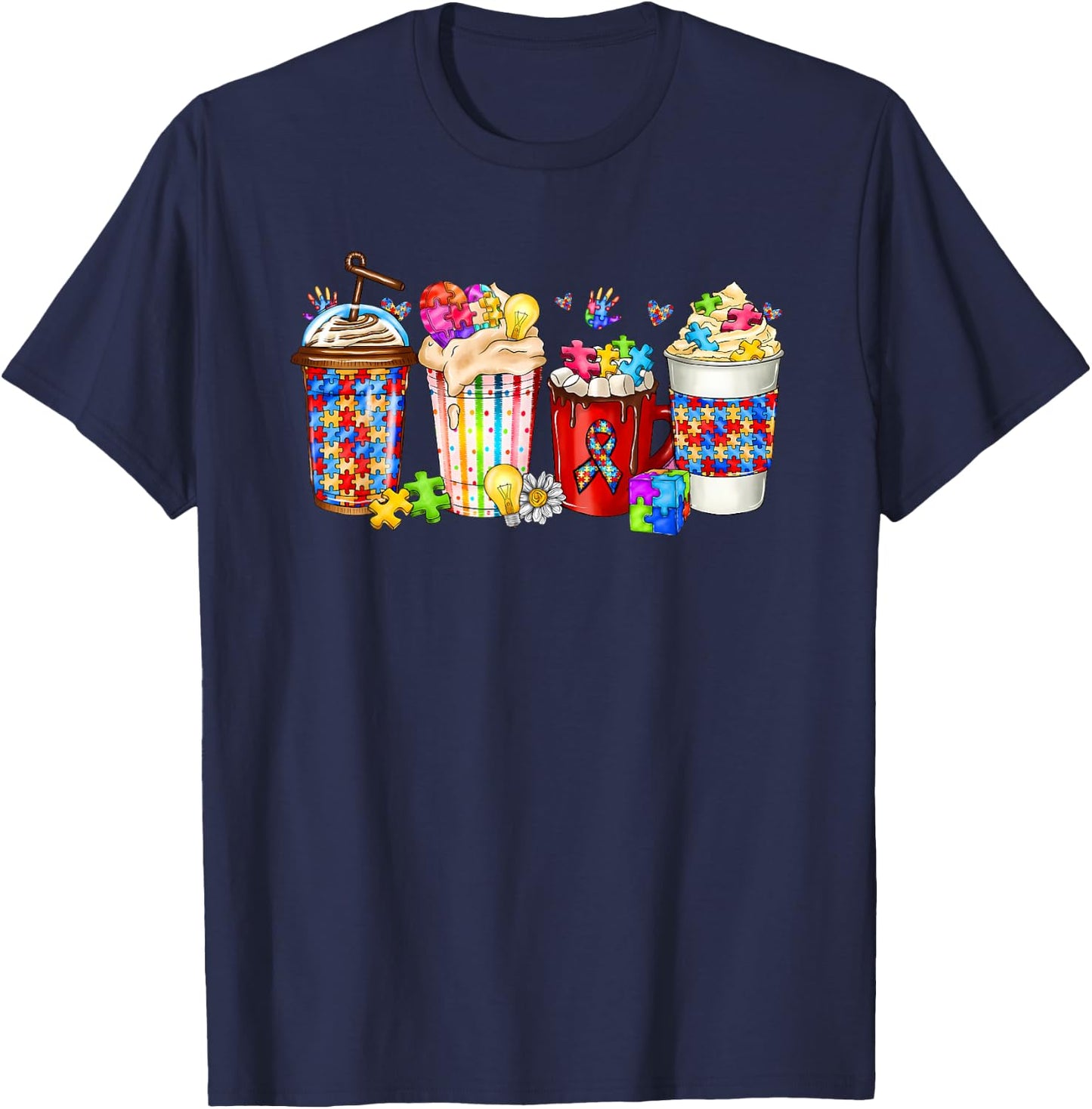 Autism Coffee Cups Puzzle Piece Autism Awareness Mom Women T-Shirt - T-Shirt | Navy