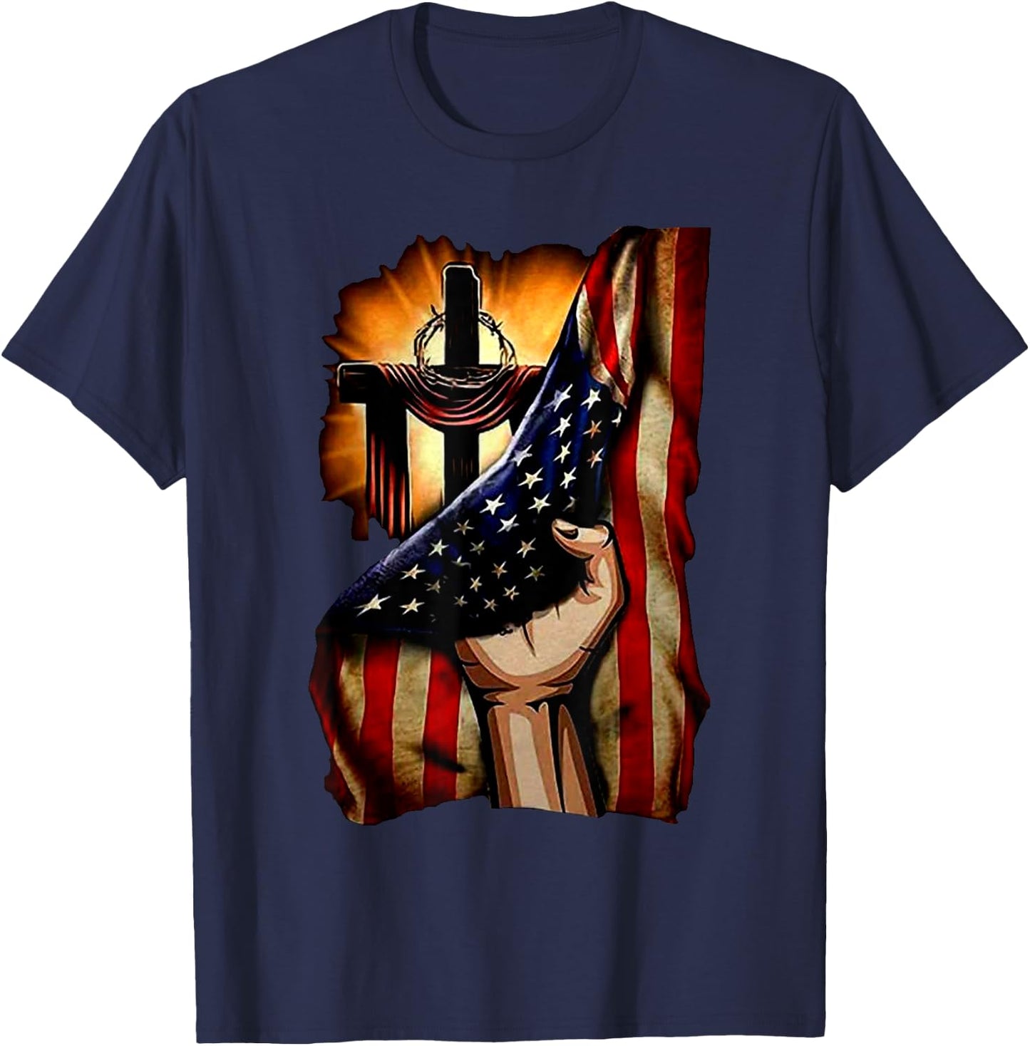Cross Christ American Flag Pride Hand Christian Lover Gift Men T-Shirt - T-Shirt | Navy
