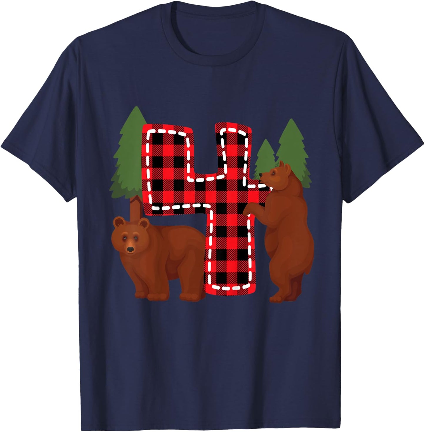 Kids 4 Year Old Lumberjack Birthday Party Bear Plaid Boy 4th Gift T-Shirt - T-Shirt | Navy