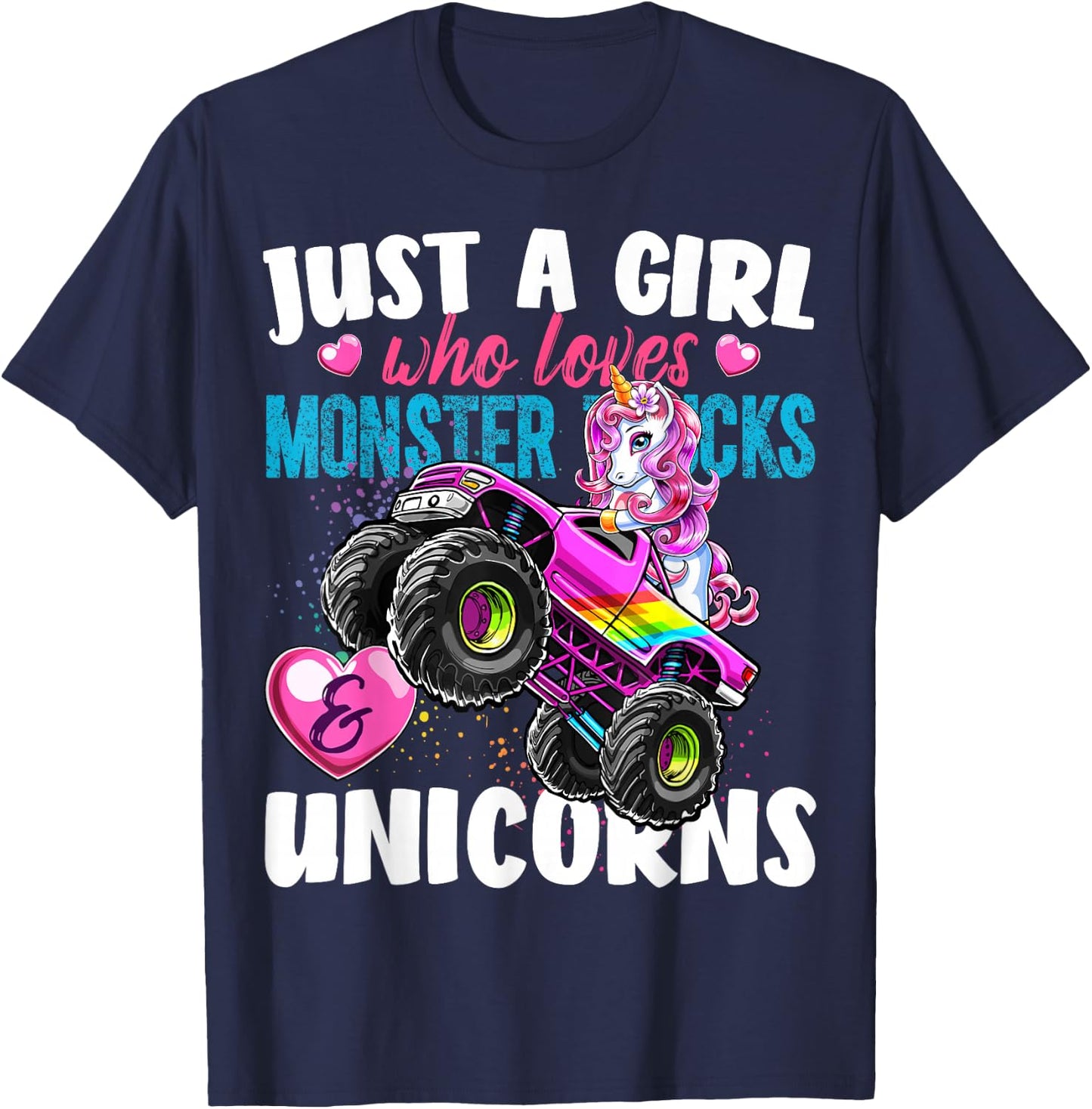 Just a Girl Who Loves Monster Trucks and Unicorns Gift Girls T-Shirt - T-Shirt | Navy