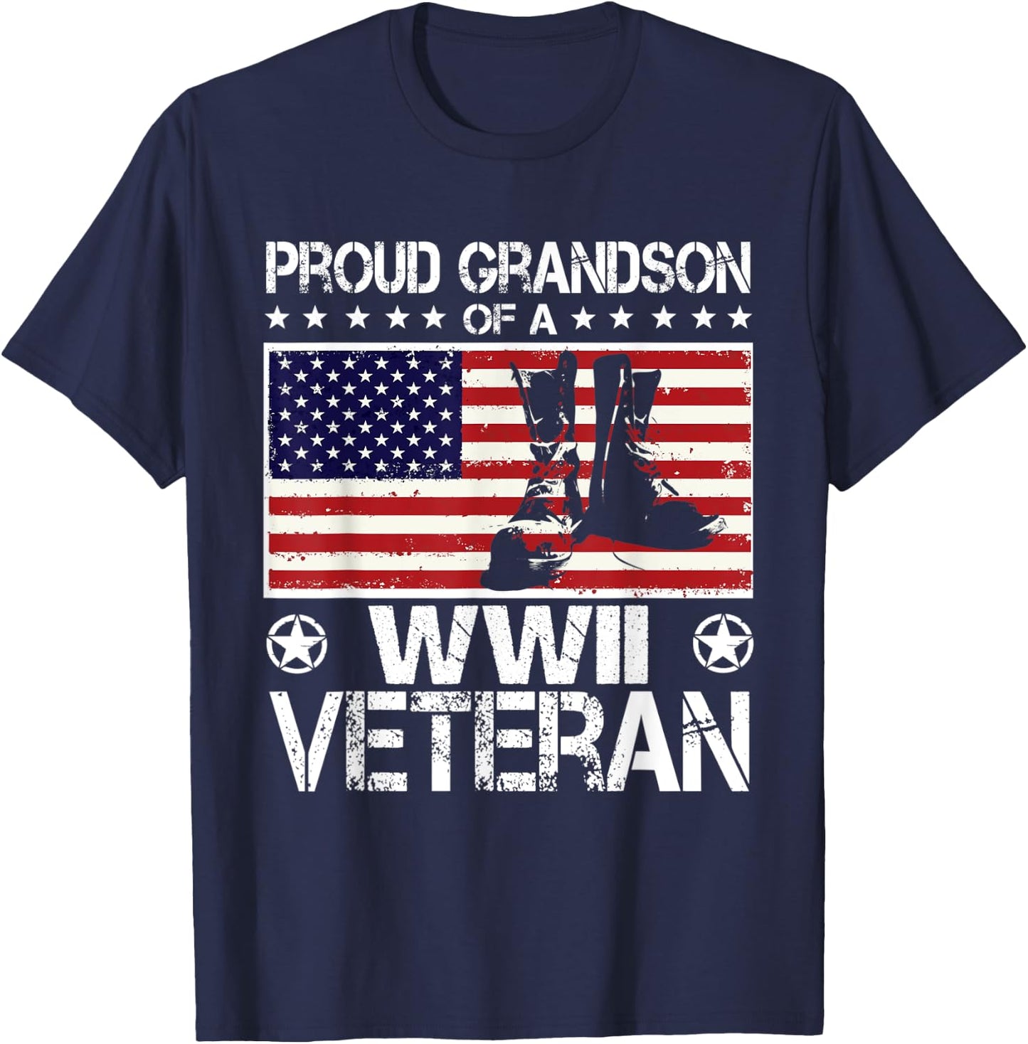 Proud Grandson Of WWII Veteran US Flag Boots Veteran Day T-Shirt - T-Shirt | Navy