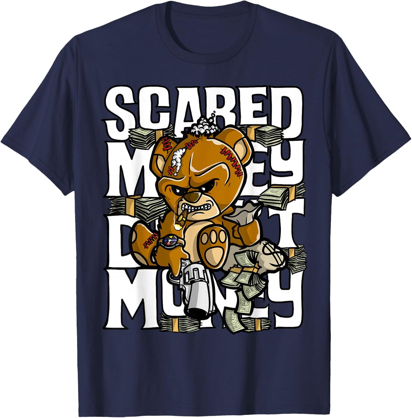 Hustle Graphic Scared Money Dont Make Money Gang Clothing T-Shirt - T-Shirt | Navy