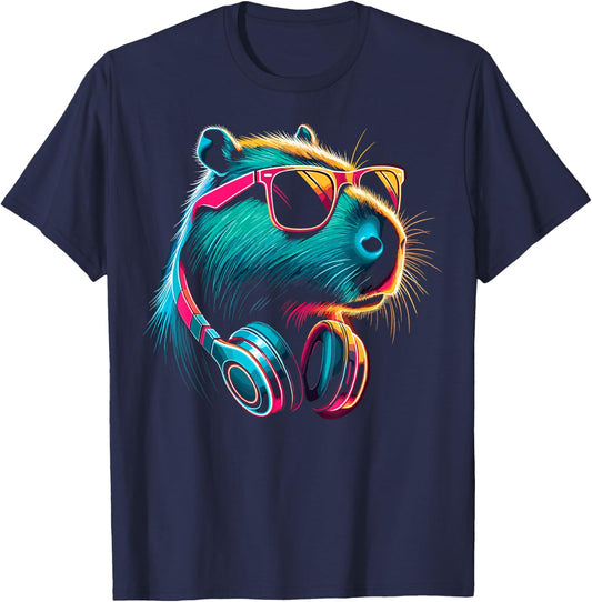 Capybara With Sunglasses And DJ Headphones T-Shirt - T-Shirt | Navy