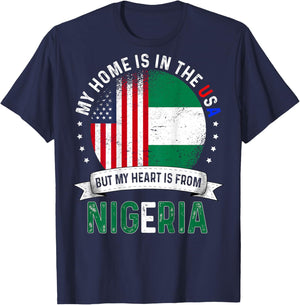 Nigerian American Backprint Heart is from Nigeria Flag T-Shirt - T-Shirt | Navy