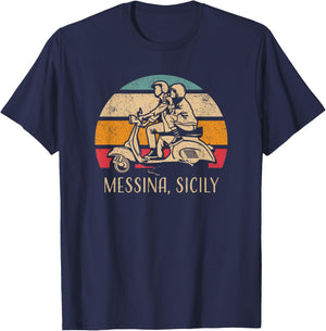 Messina Sicily Sicilia Vintage Scooter Retro Sunset Design T-Shirt - T-Shirt | Navy