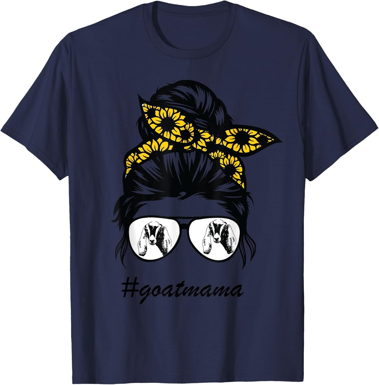 Nubians Goat Mama Messy Hair Bun Sunflower Mother Day 2021 T-Shirt - T-Shirt | Navy