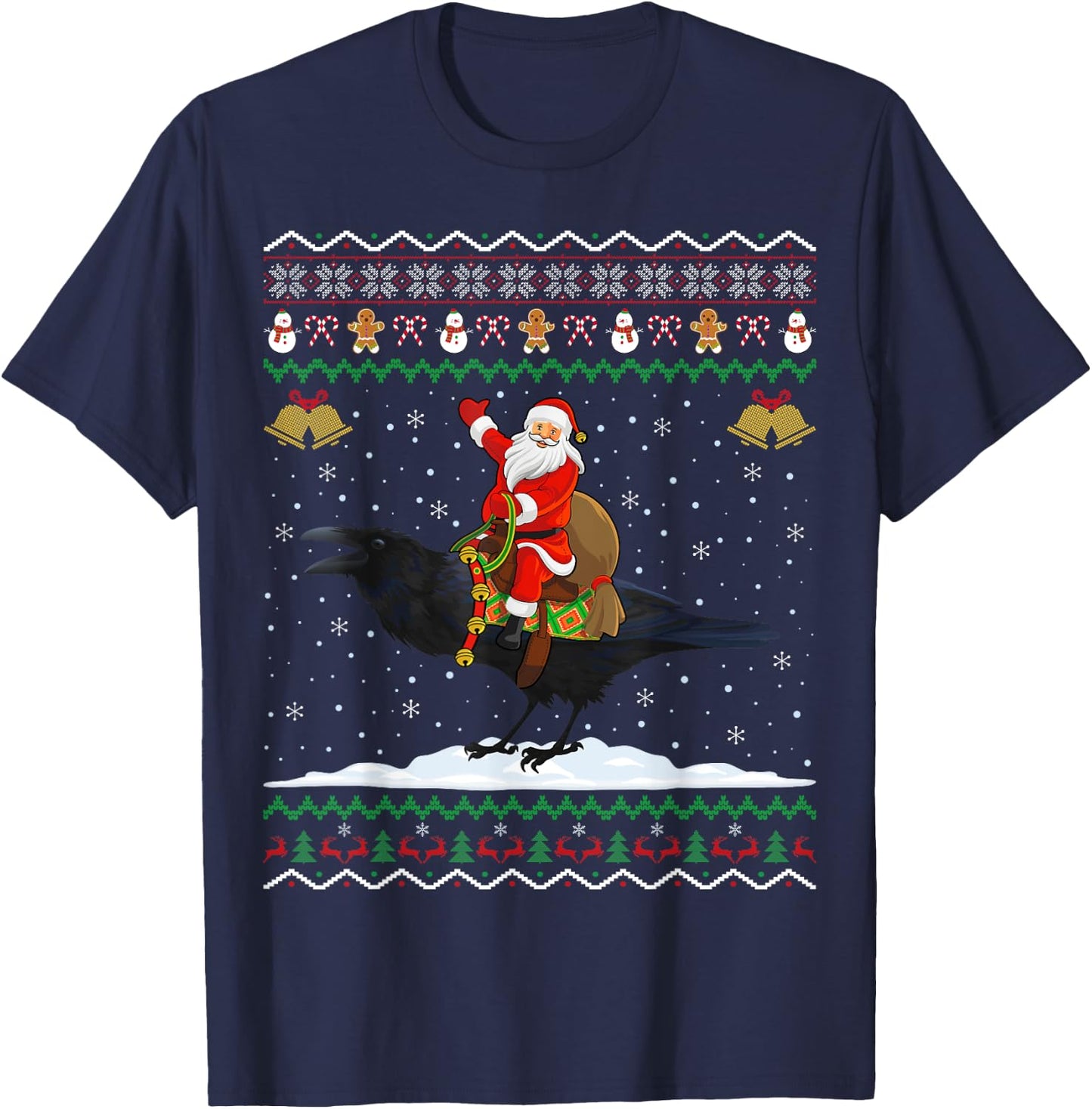 Raven Ugly Xmas Gift Santa Riding Raven Christmas T-Shirt - T-Shirt | Navy