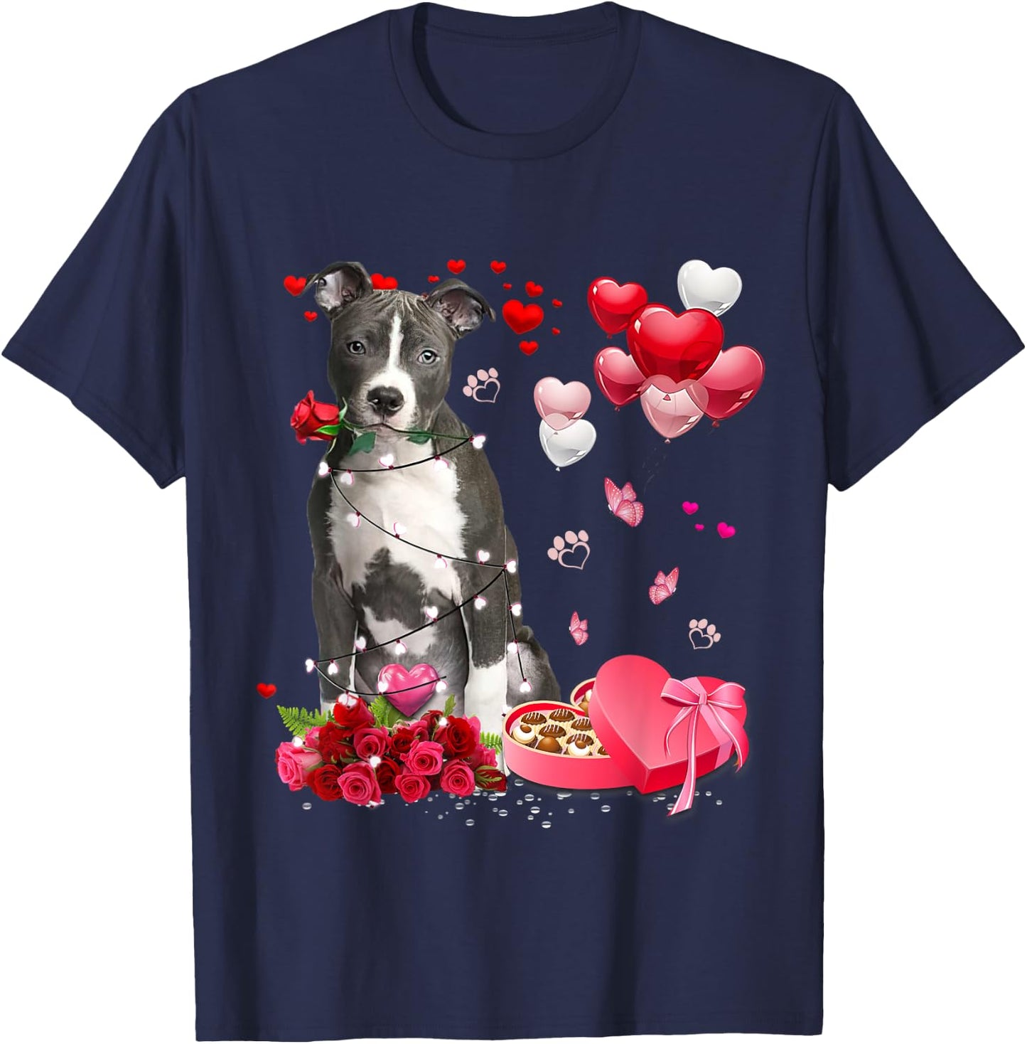 Funny Pitbull Rose Heart Happy Valentine Day Dog Mom Men Women Kids T-Shirt - T-Shirt | Navy