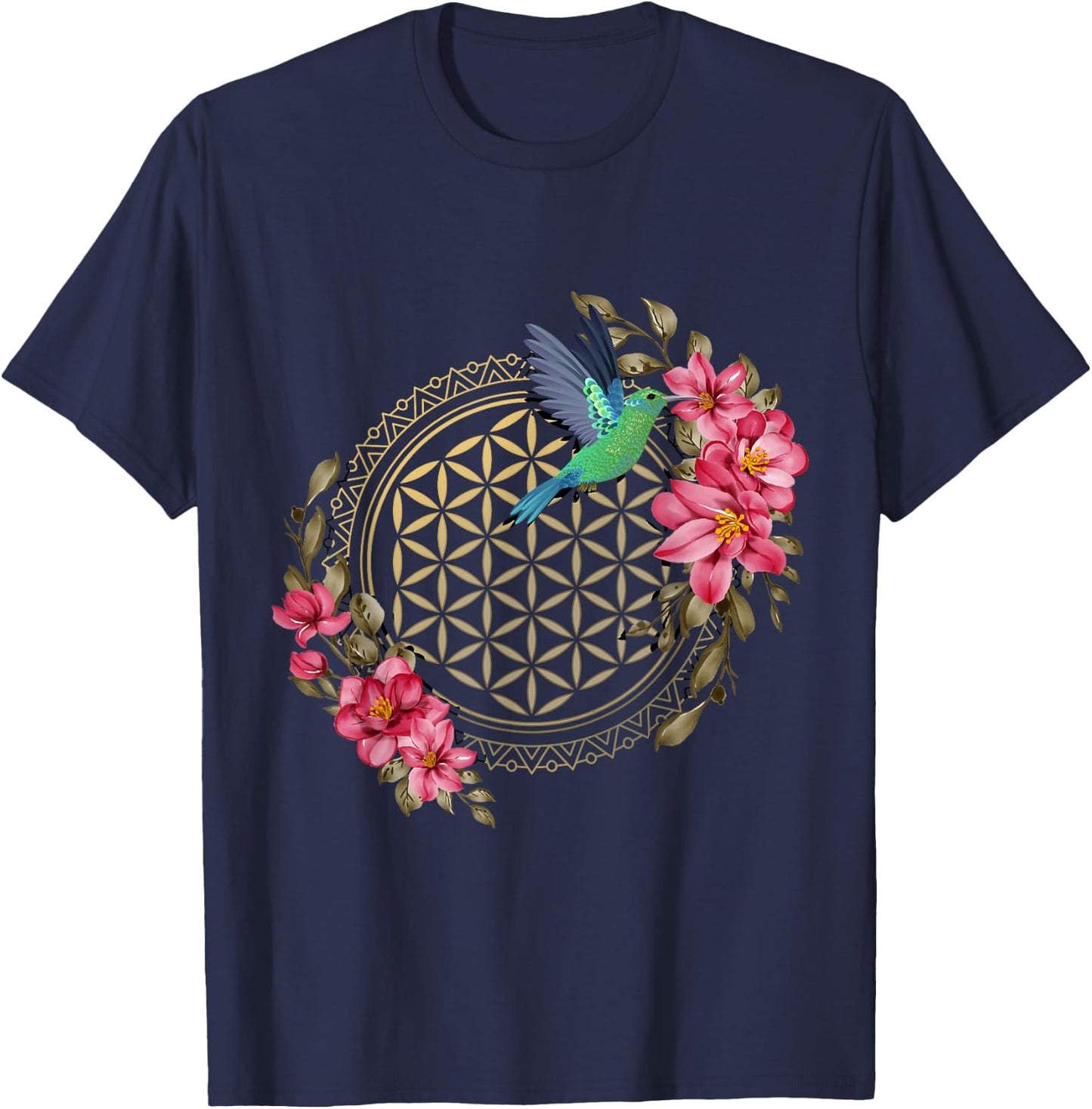 Hummingbirds Sacred Geometry Flower Of Life Hummingbird T-Shirt - T-Shirt | Navy