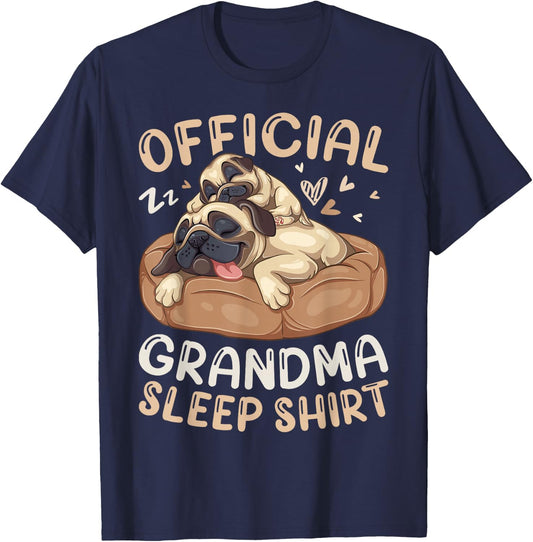 Official Grandma Sleep Shirt, Pug & Puppy Funny Dog Pajama T-Shirt - T-Shirt | Navy