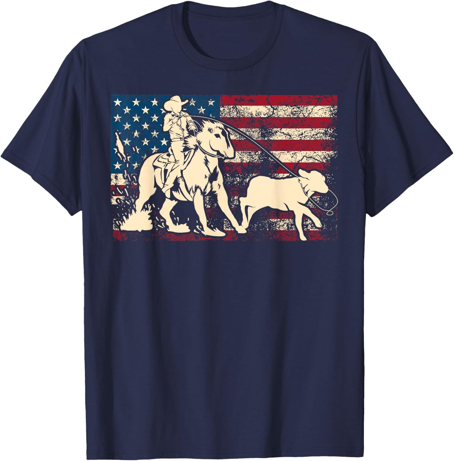 Funny Team Roping Rodeo Gift US Flag Cool Cowboy Men Women T-Shirt - T-Shirt | Navy