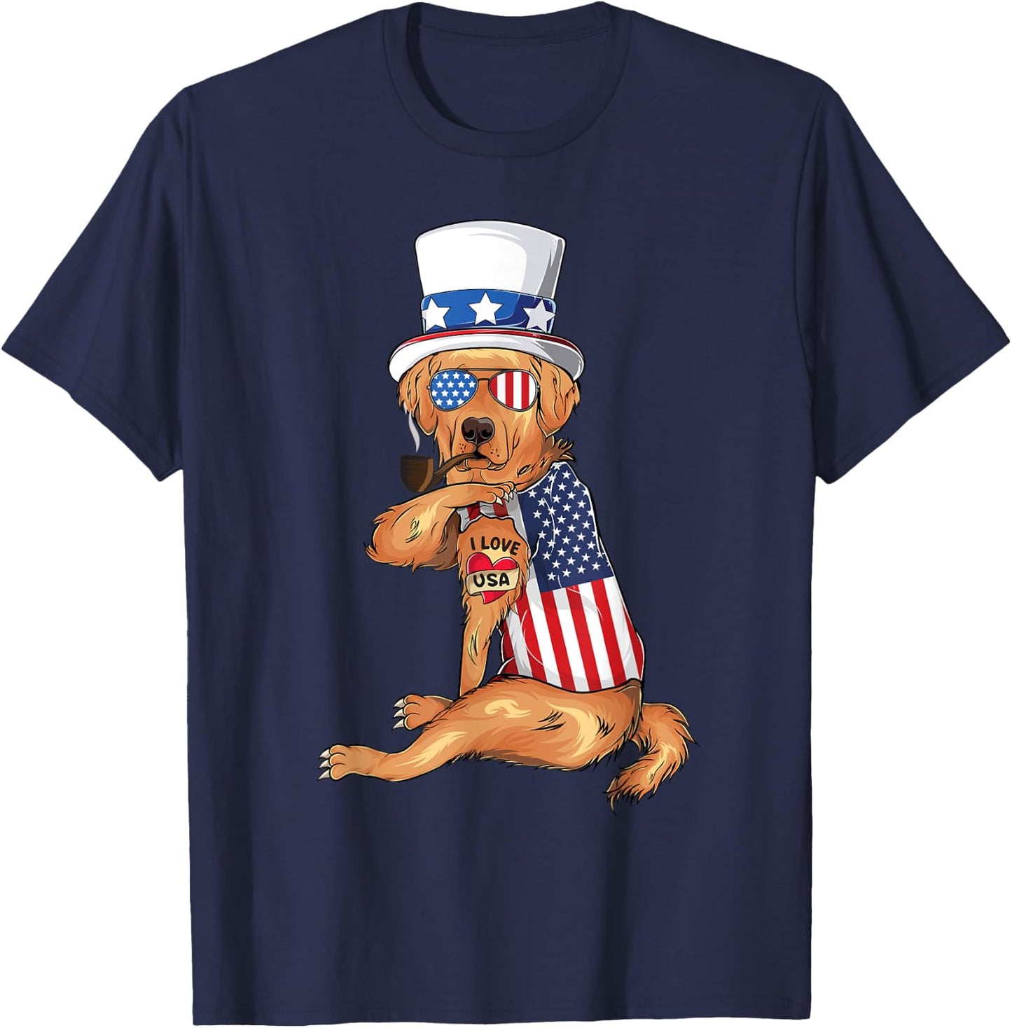 golden retriever dog Merica 4th of july usa american flag T-Shirt - T-Shirt | Navy