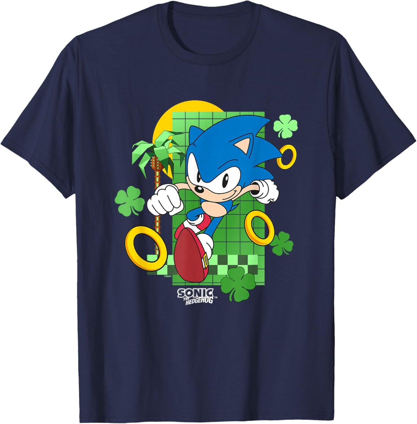 Sonic The Hedgehog St. Patrick's Day Running Through Clovers T-Shirt - T-Shirt | Navy