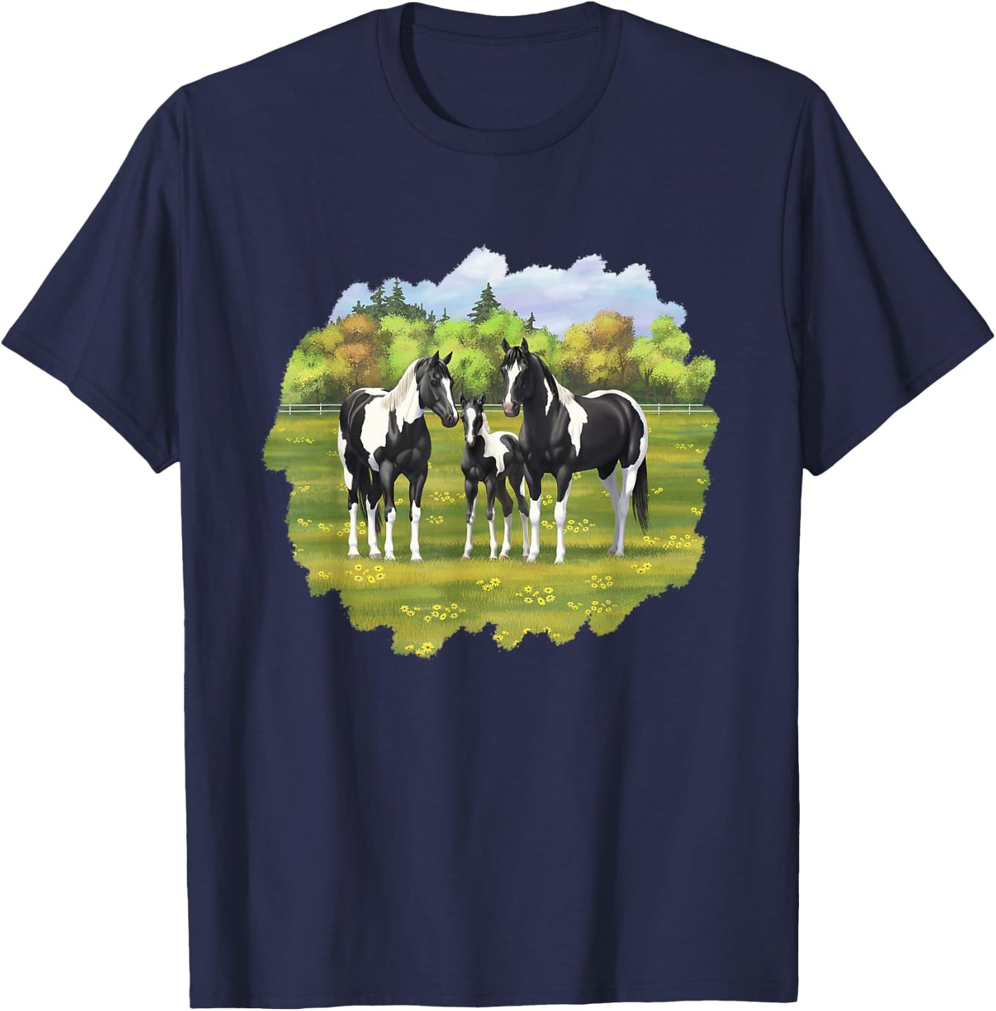 Beautiful Black Pinto Paint Horses In Summer Pasture Men Women Kids T-Shirt - T-Shirt | Navy