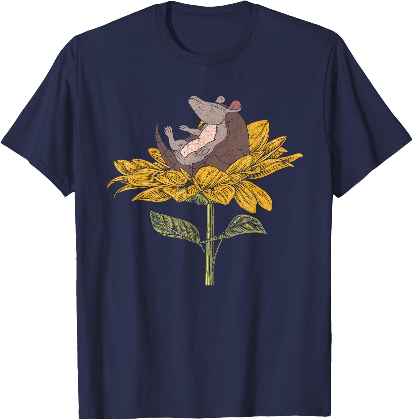 Sunflower Yellow Flower Wildlife Animal Floral Armadillo T-Shirt - T-Shirt | Navy