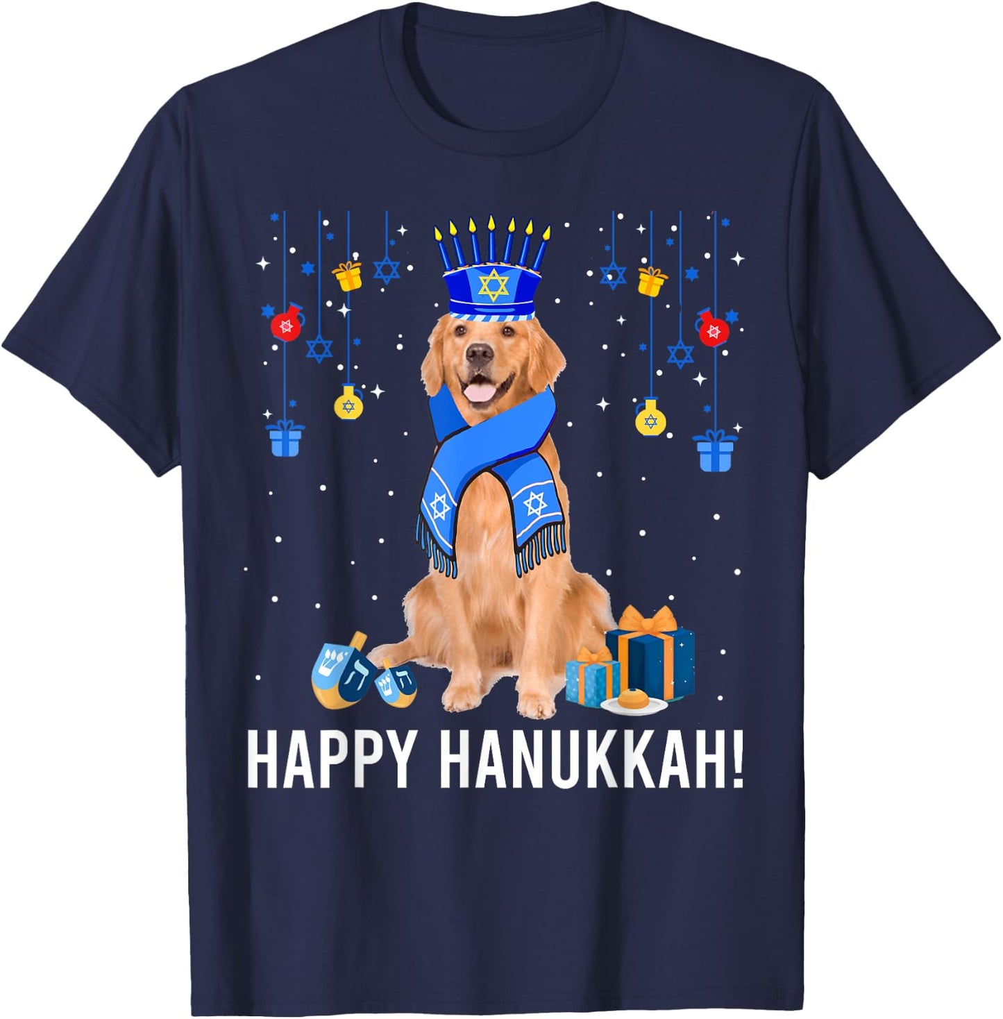 Golden Retriever Menorah Hat Christmas Happy Hanukkah Jewish T-Shirt - T-Shirt | Navy