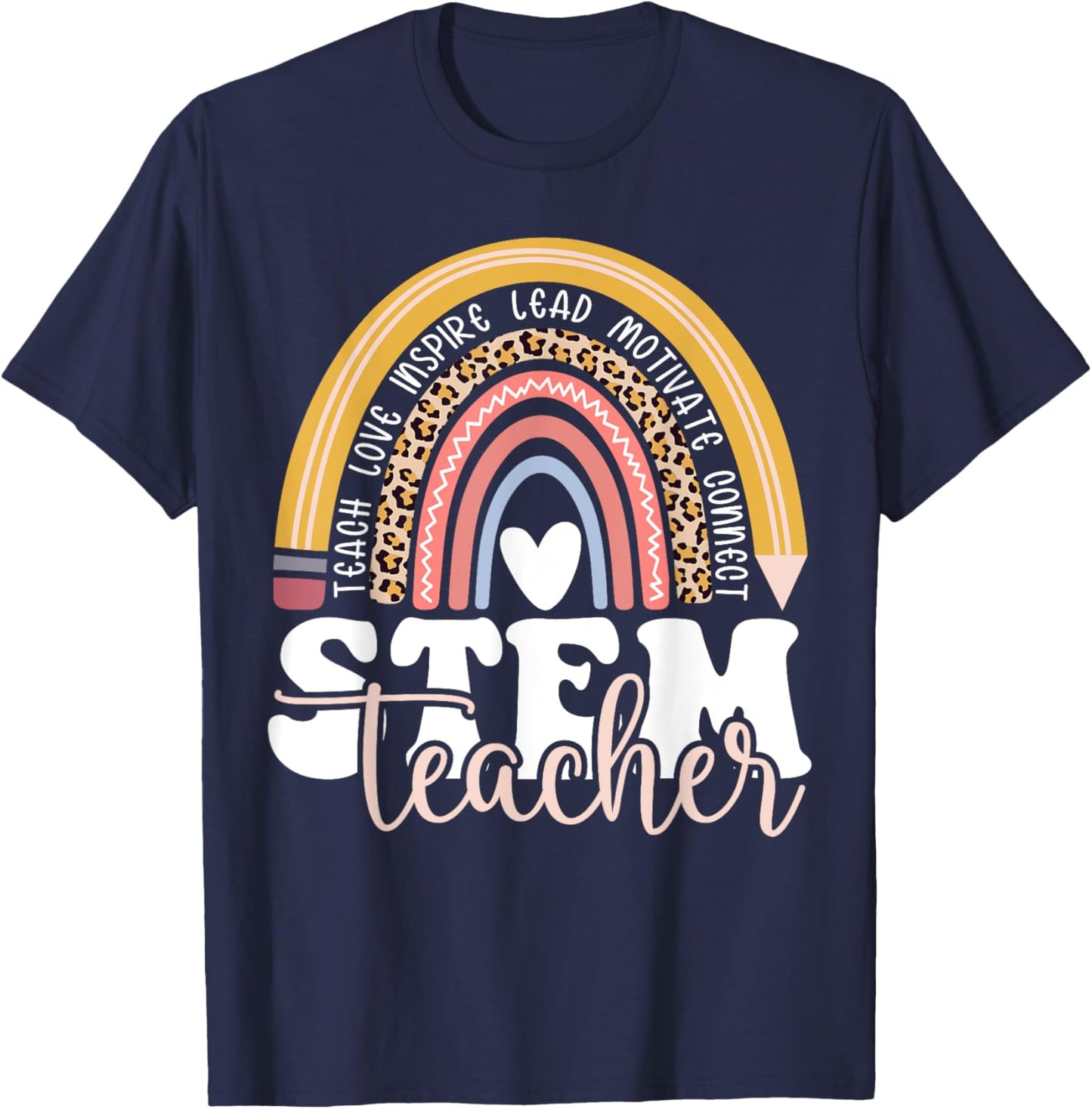 STEM Teacher Rainbow Leopard Math Science Technology Teacher T-Shirt - T-Shirt | Navy