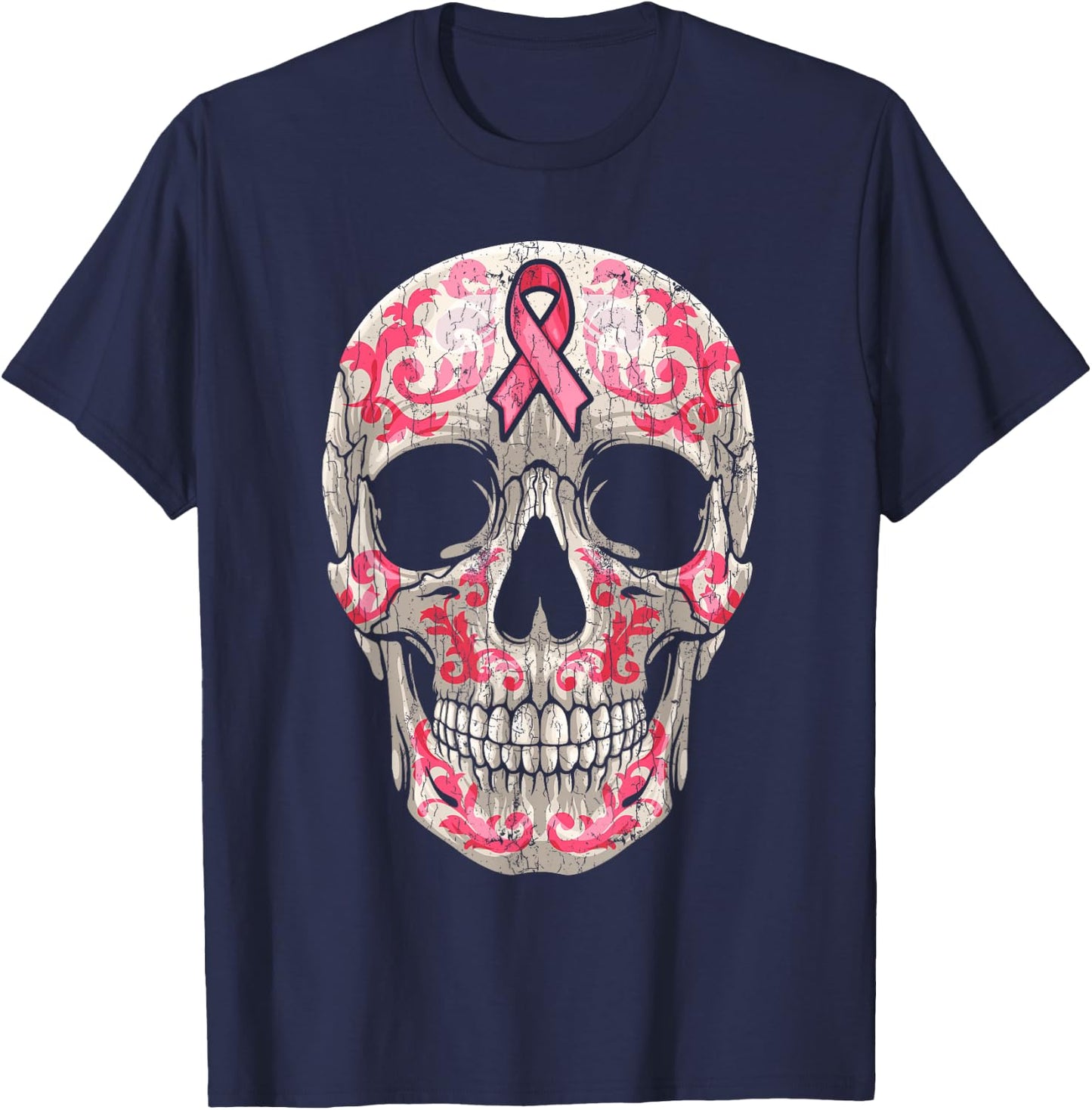 Breast Cancer Awareness Graphic Ribbon Sugar Skull Calavera T-Shirt - T-Shirt | Navy