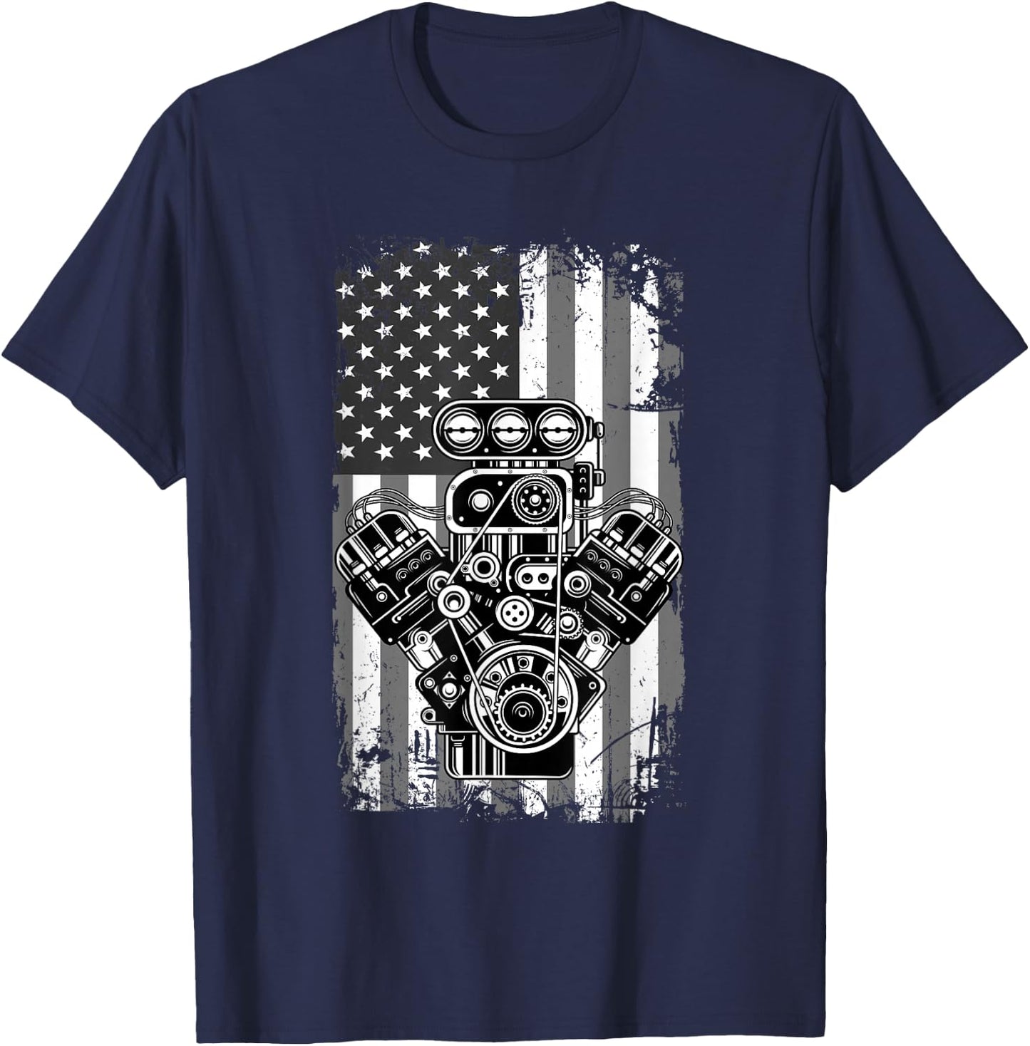 Vintage Muscle Car Piston American Flag Funny Mechanic Gift Small T-Shirt - T-Shirt | Navy