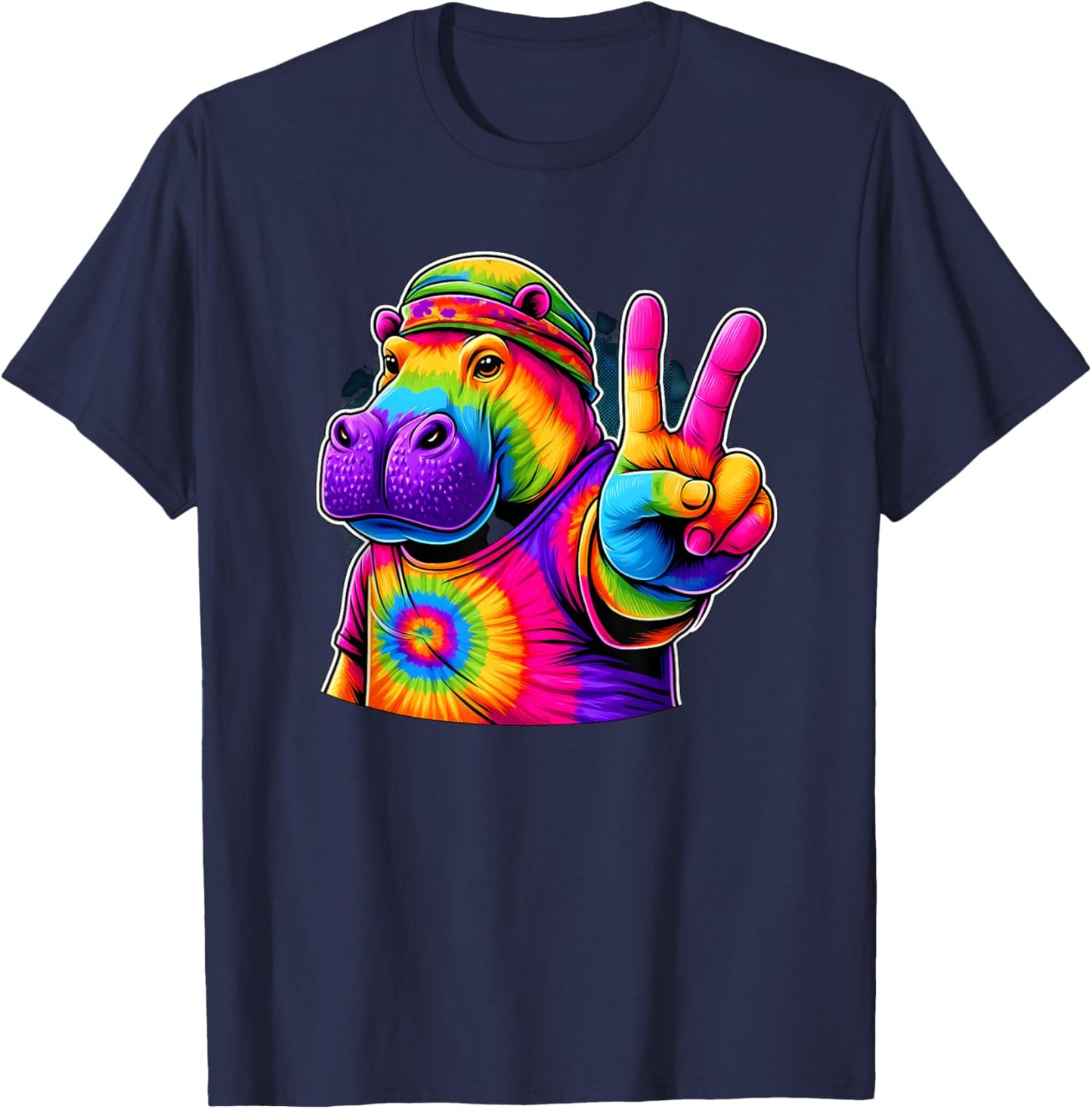 Peace Sign Tie Dye Hippo T-Shirt - T-Shirt | Navy