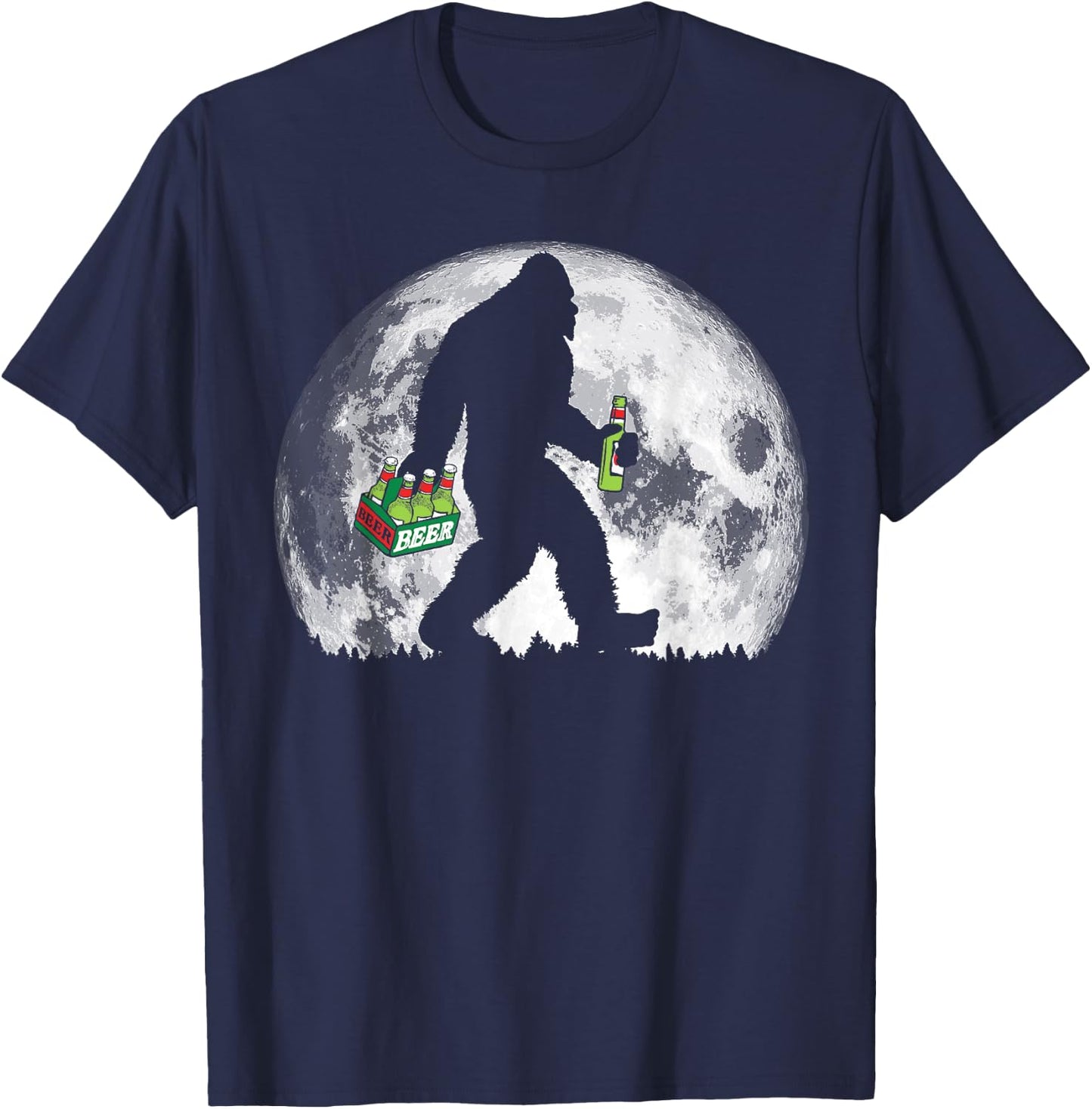 Bigfoot Beer Drinker Full Moon Retro Minimalist T-Shirt - T-Shirt | Navy