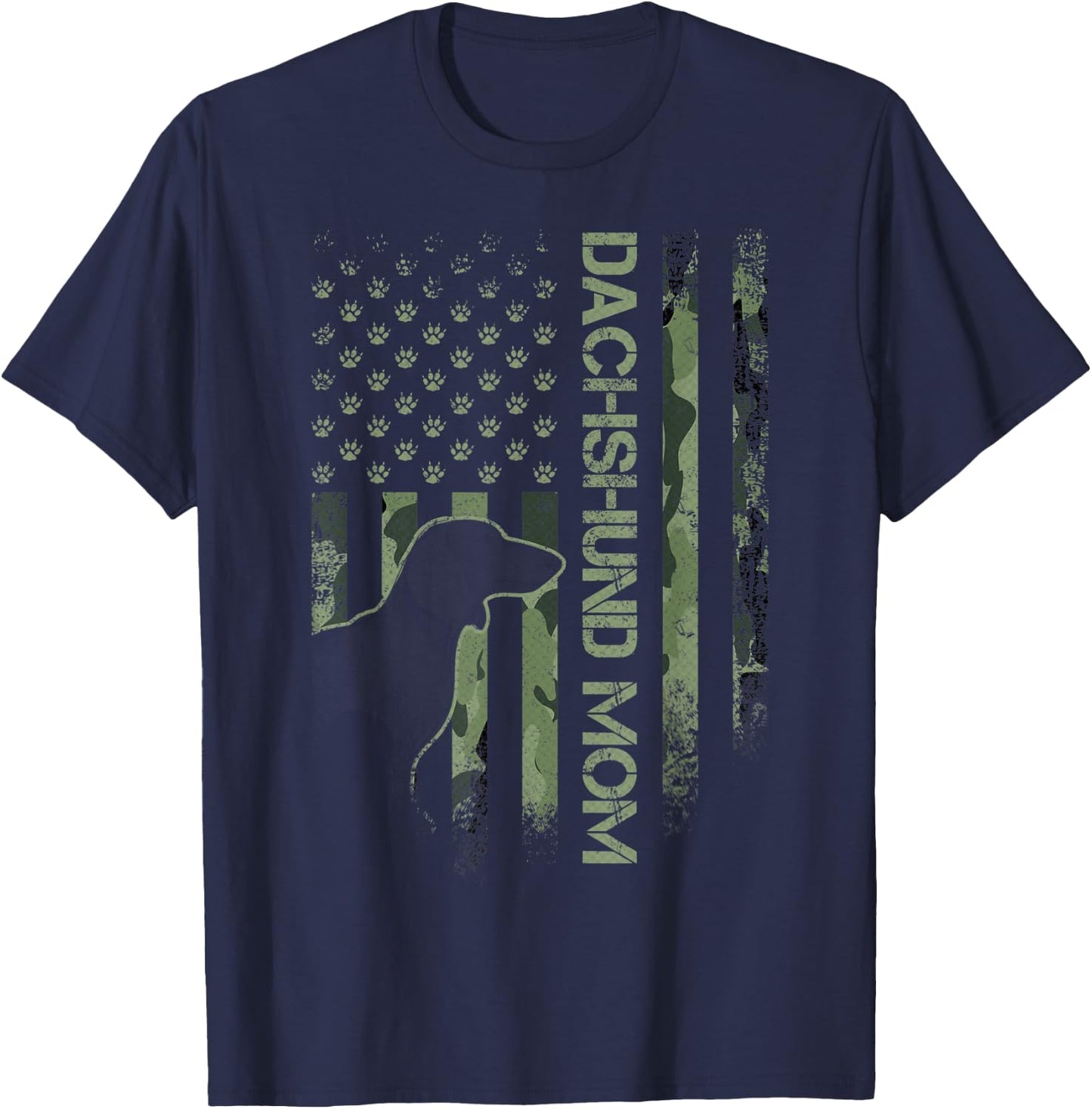 Vintage USA Camo Flag Proud Dachshund Mom Wiener Silhouette T-Shirt - T-Shirt | Navy