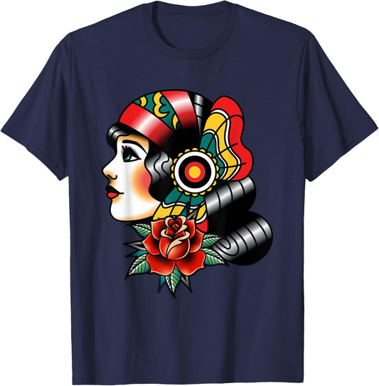 Lady Head American Traditional Tattoo Old School T-Shirt - T-Shirt | Navy