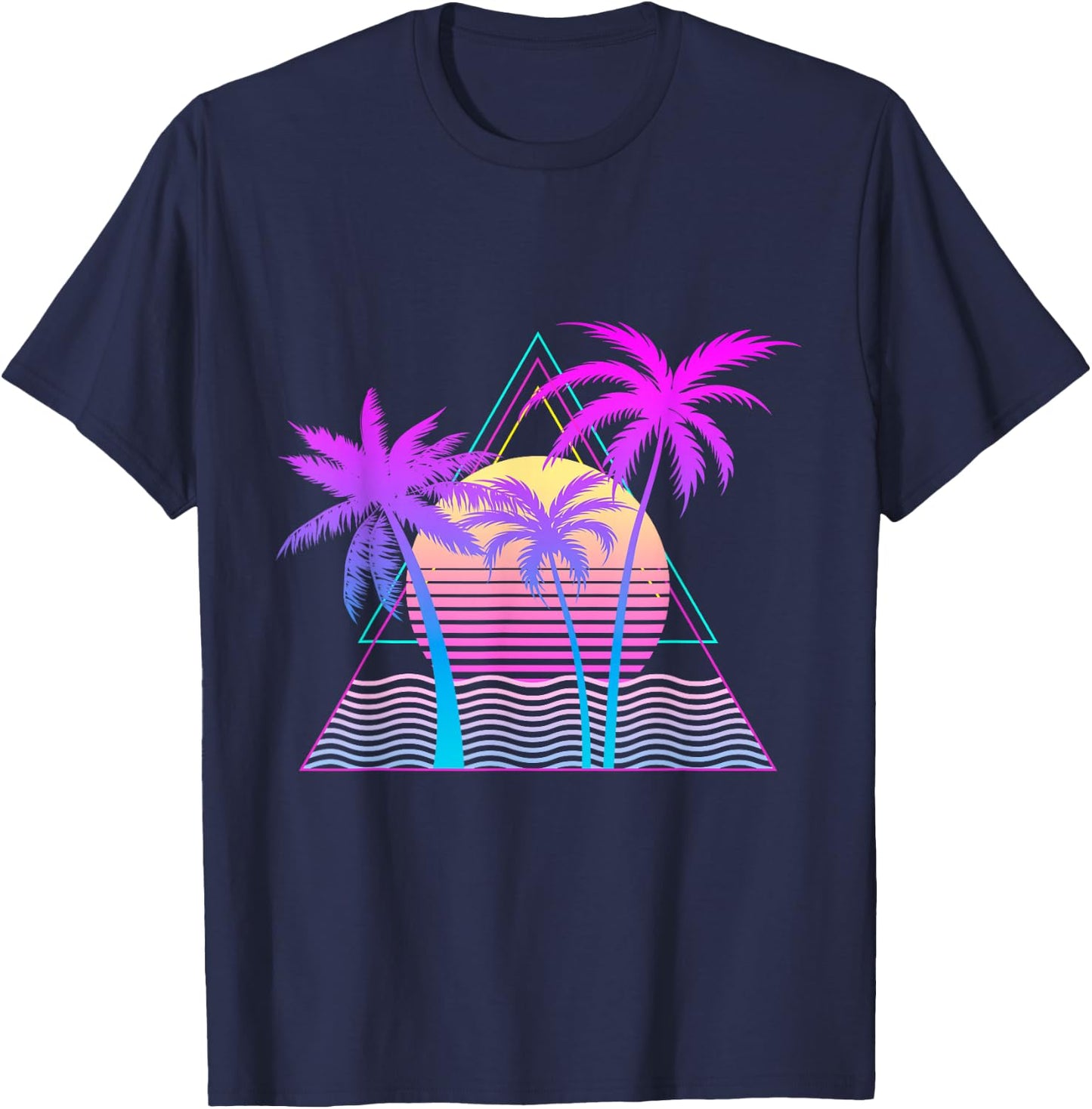 Retro 1980s 1990s Vaporwave Palm Trees Beach Sunset Surf Art T-Shirt - T-Shirt | Navy